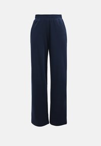 Pantalon large bleu marine avec une ceinture élastique. Fabriqué à partir d'un tissu doux et lisse, sans poches ni éléments de quincaillerie visibles.