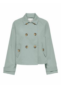 Veste courte vert clair à double boutonnage avec col, boutons marron, manches longues et deux poches à rabat à l'avant.