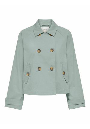 Veste courte vert clair à double boutonnage avec col, boutons marron, manches longues et deux poches à rabat à l'avant.