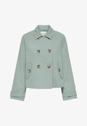 Veste courte vert clair à double boutonnage avec col, boutons marron, manches longues et deux poches à rabat à l'avant.