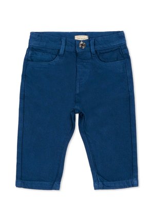 Pantaloni blu scuro per bambini piccoli con tasche anteriori, passanti per cintura, un bottone metallico e un'etichetta in vita.