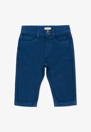 Donkerblauwe peuterbroek met voorzakken, riemlussen, een metalen knoop en een label op de tailleband.