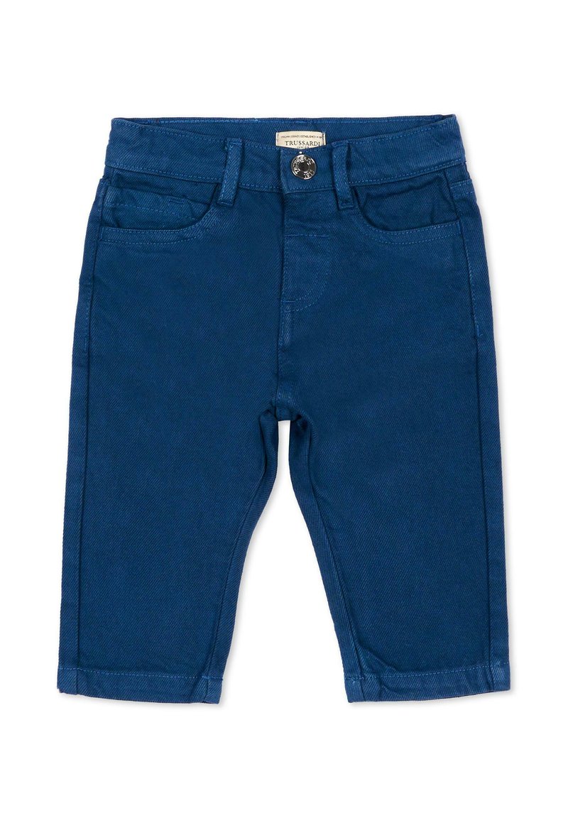 Pantalon bleu foncé pour tout-petits avec poches devant, passants de ceinture, un bouton métallique et une étiquette à la taille.