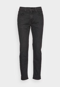 Jeans de denim negro con un diseño de pierna recta, estilo de cinco bolsillos y detalles de costura visibles. El material es texturizado y duradero.