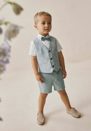 Băiat tânăr stând, purtând un vestă albastru deschis cu model, pantaloni scurți asortați, cămașă albă, papion și pantofi slip-on bej pe un fundal pal.