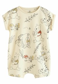 Rompers à manches courtes en coton doux, avec un fond crème et des dessins au trait noirs de Winnie l'Ourson et ses amis, ainsi que des éléments de la nature.