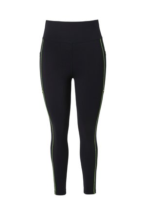 Czarne legginsy wykonane z elastycznego materiału z zielonymi szwami bocznymi i wysokim stanem. Dopasowany krój, gładka textura.