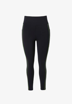Sorte leggings fremstillet af strækbart materiale med grøn kantsting og høj talje. Tætsiddende design, glat tekstur.