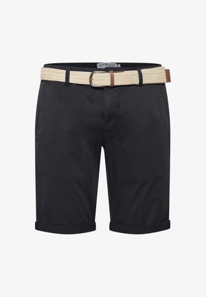 Črne kratke hlače z zavitim robom, izdelane iz lahkega materiala. Imajo tkani kremni pas z rjavim okrasnim zaponko.