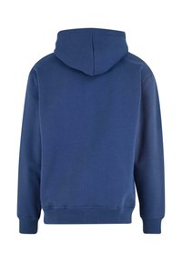 Navy blauwe hoodie met een zachte textuur, elastische manchetten en een ribbelzoom. Heeft een ronde capuchon en een eenvoudig ontwerp zonder versieringen.