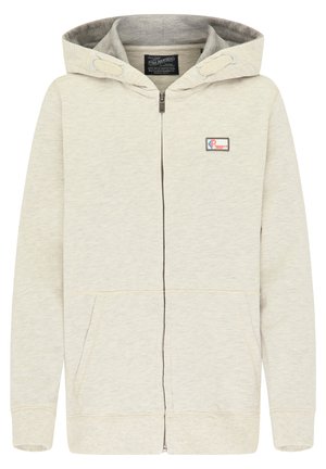 Lysebeige hættejakke med lynlås, snøre i hætten, to forlommer, ribstrikkede manchetter og kant samt en lille logopatch på brystet.