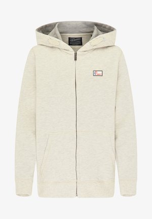 Jasnobeżowa bluza z kapturem na zamek błyskawiczny z regulowanym sznurkiem, dwoma przednimi kieszeniami, ściągaczami przy mankietach i na dole oraz małą naszywką z logo na piersi.