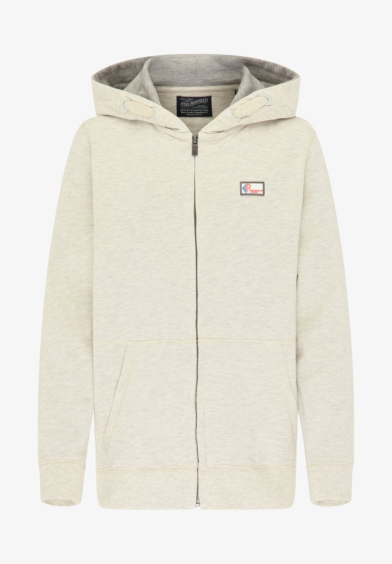 Jasnobeżowa bluza z kapturem na zamek błyskawiczny z regulowanym sznurkiem, dwoma przednimi kieszeniami, ściągaczami przy mankietach i na dole oraz małą naszywką z logo na piersi.