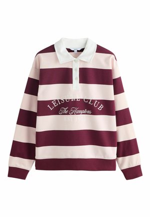 Langärmliges Rugbyshirt mit breiten horizontalen bordeauxroten und blassrosa Streifen, weißem Kragen, Knopfleiste und dem Schriftzug „Leisure Club The Hamptons EST 1975“.