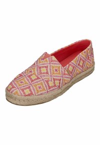 Espadrille met een kleurrijk geometrisch patroon in roze, geel en oranje op stof; heeft een jute touwzool en een zachte, gestructureerde binnenkant.