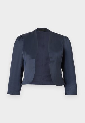 Μπλε ναυτικό cropped σακάκι με ανοιχτό μπροστινό μέρος, μακριά μανίκια και ελαφρώς επενδεδυμένους ώμους, κατασκευασμένο από λείο σατέν ύφασμα.