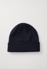 Cappello di lana navy accogliente con risvolto, texture a costine e cima senza cuciture. Adatto per essere indossato in clima freddo.