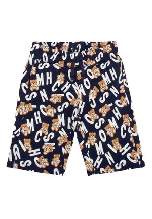 Pantalones cortos azul marino con un patrón de osos caricaturescos y letras blancas. Confeccionados en tela suave, con cintura elástica y cordón ajustable.
