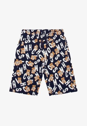 Granatowe szorty z wzorem z kreskówkowymi misiami i białymi literami. Wykonane z miękkiego materiału, z elastycznym paskiem i sznurkiem do regulacji.