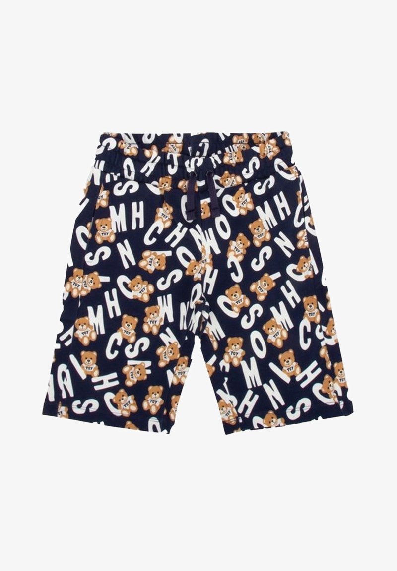 Shorts bleu marine ornés d'un motif d'ours dessinés et de lettres blanches. Fabriqués en tissu doux avec une ceinture élastique et un cordon de serrage.