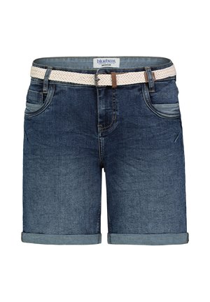 Denim shorts in dark blue with a rolled hem, featuring a woven cream belt and two front pockets. Texture is smooth with slight fading.
