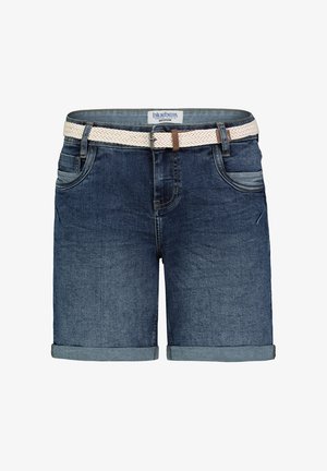 Denim shorts in dark blue with a rolled hem, featuring a woven cream belt and two front pockets. Texture is smooth with slight fading.