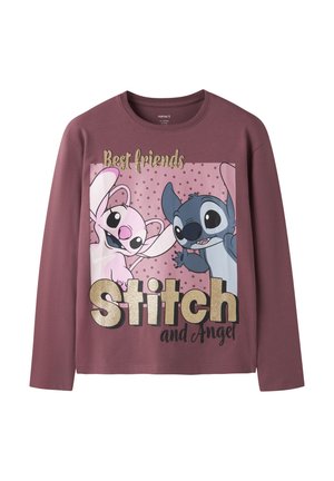 Chemise mauve à manches longues avec les personnages de dessins animés Stitch et Angel, texte "Best friends Stitch and Angel" en lettres dorées et noires.