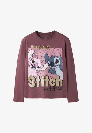 Langærmet lavendelfarvet skjorte med tegneseriefigurerne Stitch og Angel, tekst "Best friends Stitch and Angel" i gyldent og sort skrift.