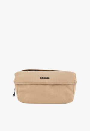 Borsa a vita rettangolare beige con scomparti con cerniera e logo "BOGNER" nero sulla parte frontale, progettata per un uso casual.