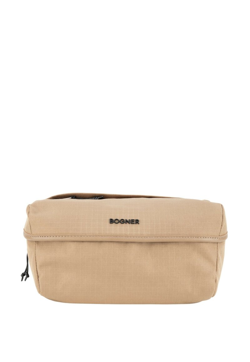 Borsa a vita rettangolare beige con scomparti con cerniera e logo "BOGNER" nero sulla parte frontale, progettata per un uso casual.