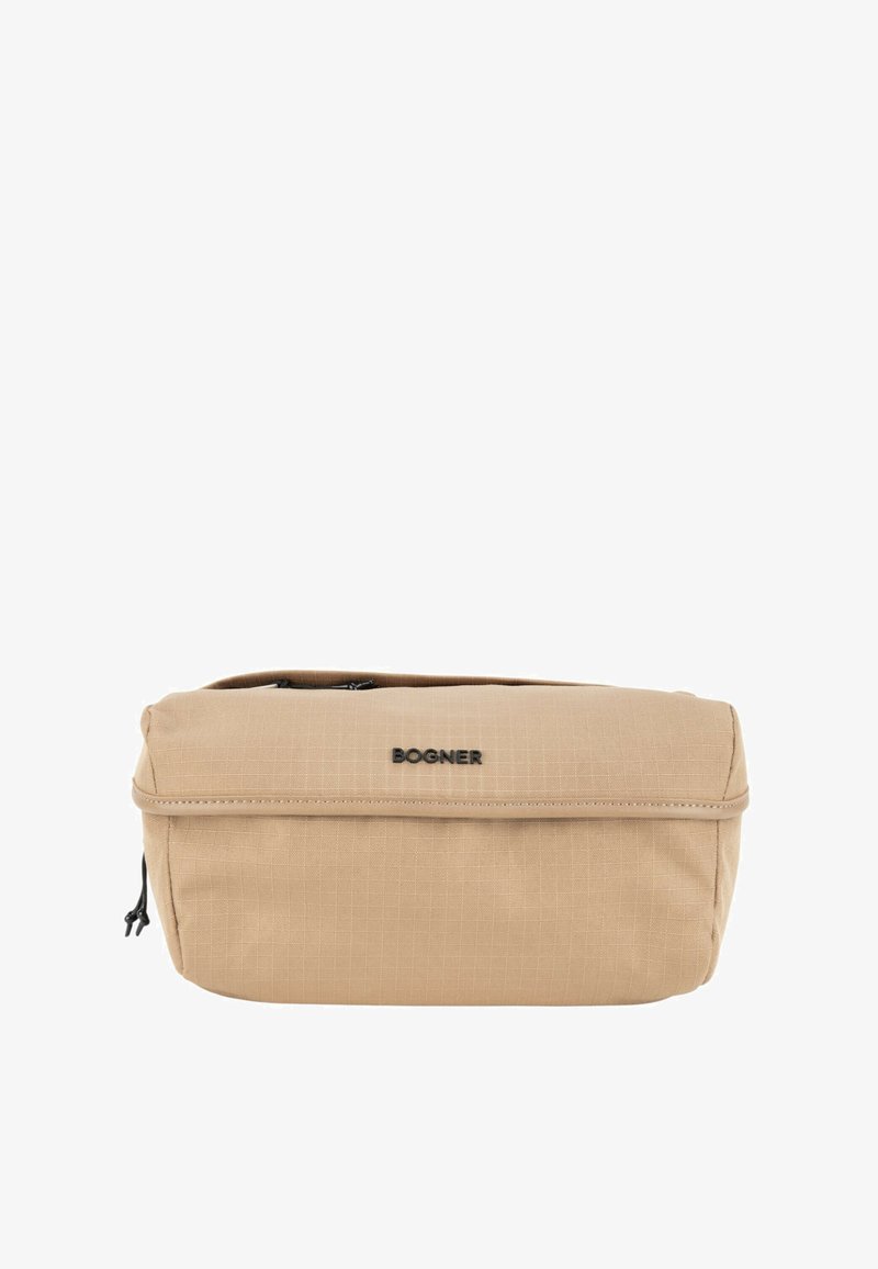 Borsa a vita rettangolare beige con scomparti con cerniera e logo "BOGNER" nero sulla parte frontale, progettata per un uso casual.