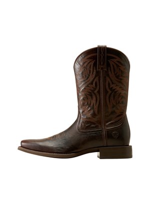 Dark brown leather cowboy boot with intricate lighter brown stitching and a low stacked heel, shown in left profile on a white background.