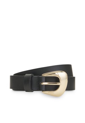 Black leather belt with a large shiny gold buckle engraved with "HUGO," shown coiled on a white background.