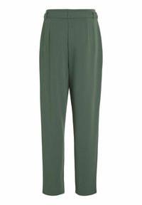 Green, tailored trousers in a smooth fabric. Features a high waist, pleats, and a tapered leg design. No pockets or visible hardware.