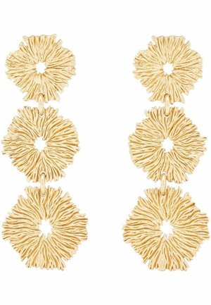 Three-tier gold dangle earrings with textured, irregular circular and diamond-shaped links connected by small rings.
