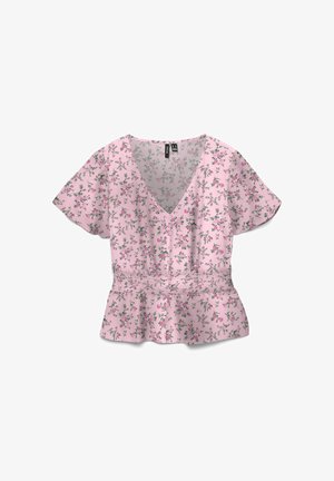 Pink short-sleeve blouse with V-neck, elastic waist, button front, and small green and purple floral print pattern.