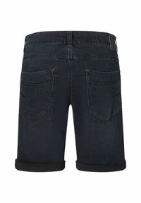 Dark blue denim shorts with rolled cuffs, featuring two back pockets with subtle stitching and a leather tag at the waistband.