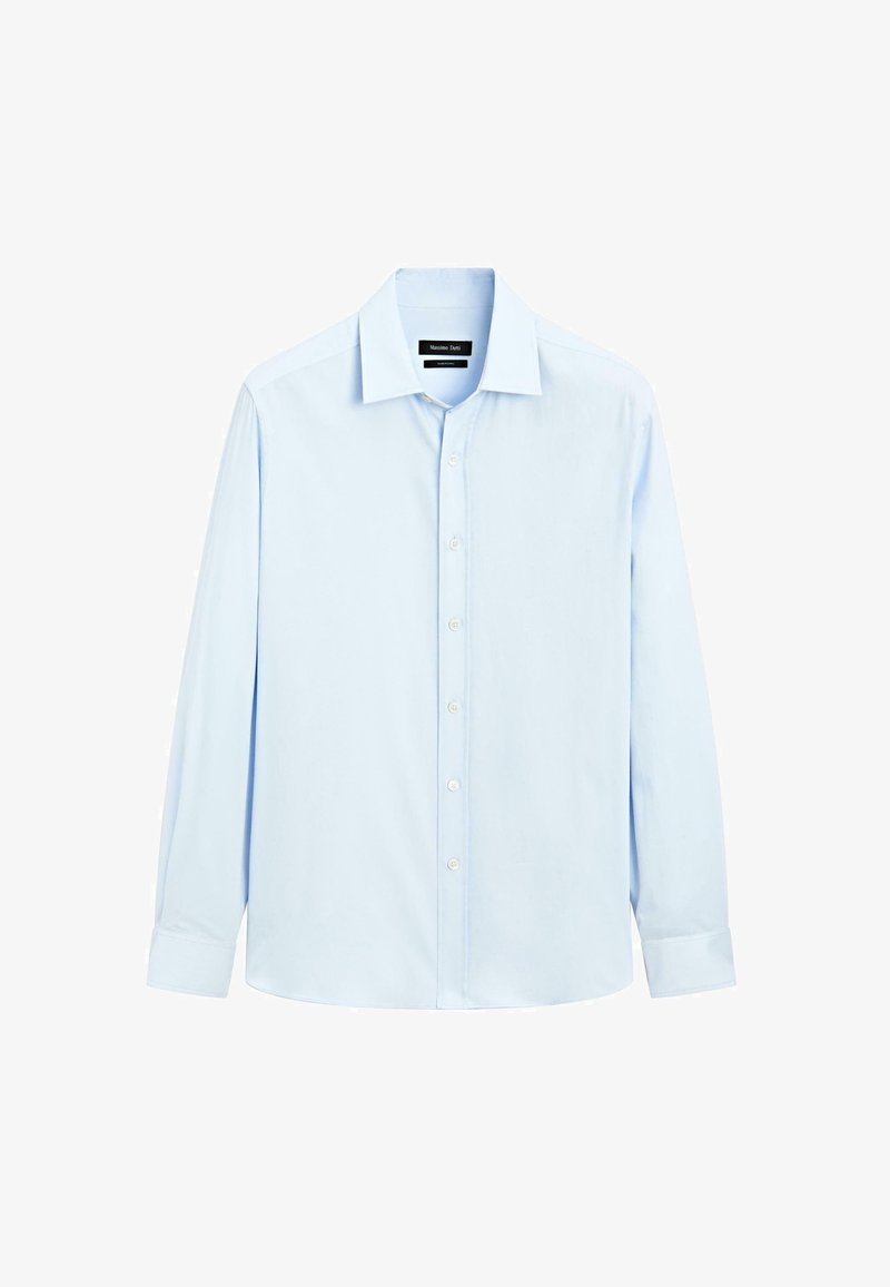 Camicia button-up azzurro chiaro con maniche lunghe, colletto classico e bottoni bianchi. Realizzata in tessuto morbido con una consistenza liscia.