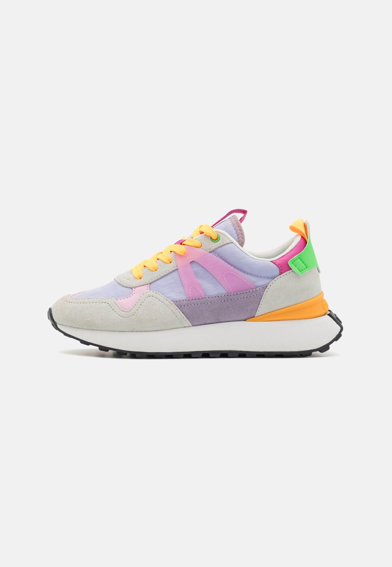 Multicolored sneaker featuring suede and mesh materials, a rounded toe, vibrant laces in yellow, pink accents, and a distinctive orange heel tab.
