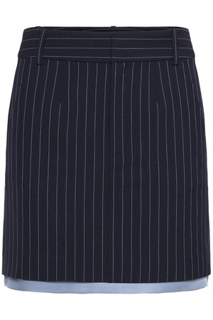 Navy pinstripe skirt with a straight cut, featuring light blue accents at the hem, made from a textured fabric, and a wide waistband.