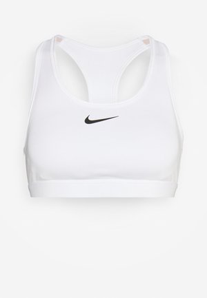 White sports bra with a racerback design. Made of smooth material, features a small black Nike logo on the front. Lightweight and stretchy.