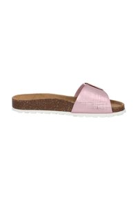 Korkslid sandal med en texturerad rosa ovandel och vit gummisula, med ett metallisk detaljer på remmen. Enkel och platt design.