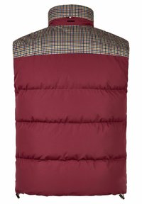 Burgunderfarbene gepolsterte Weste mit kariertem Stoff an Schultern und Kragen, ausgestattet mit horizontaler Steppung und verstellbaren Kordeln am Saum.