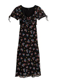 Robe noire à fleurs avec des manches courtes bouffantes à liens, un corsage froncé et une jupe fluide longueur cheville ornée de fleurs multicolores.