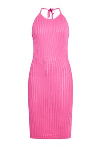 Knit pink halter dress featuring vertical stripes, open back, and neck tie. Body-hugging silhouette with a smooth, lightweight texture.