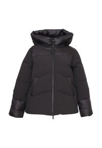 Giacca a vento nera con cappuccio, dotata di chiusura a zip, dettagli a pannello testurizzato e due tasche laterali, progettata per calore e comfort.