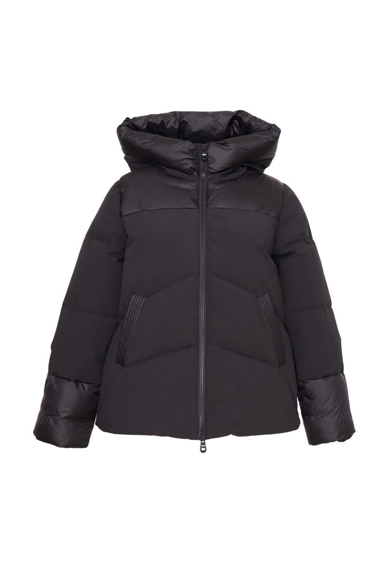 Giacca a vento nera con cappuccio, dotata di chiusura a zip, dettagli a pannello testurizzato e due tasche laterali, progettata per calore e comfort.