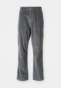 Gray corduroy pants featuring a straight leg design, vertical ribbed texture, button closure, and belt loops. No visible pockets.