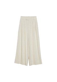 Linnen wijde pantalon in lichtbeige met een hoge tailleband, plooien en dubbele knopen aan de voorkant voor sluiting. Zachte, gestructureerde stof.