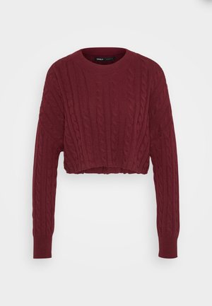 Pull court bordeaux avec un design en fausse maille, col et poignets côtelés, en tissu texturé et à manches longues.